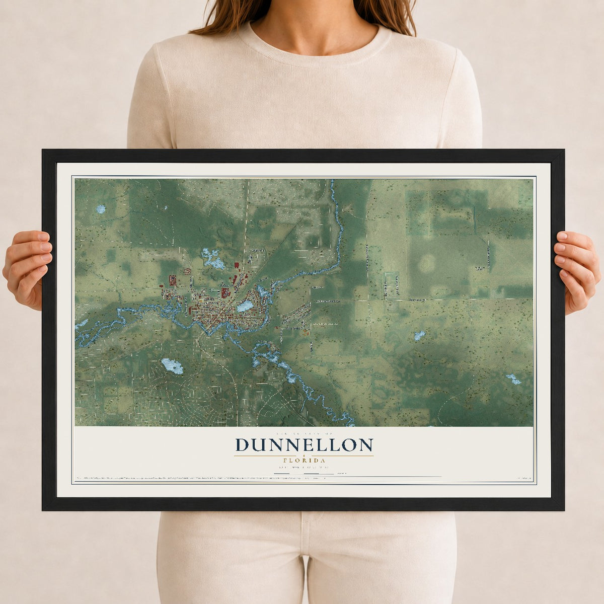 Dunnellon, Florida map print, 12" x 18" W/ Black Ayous Wood Frame mockup