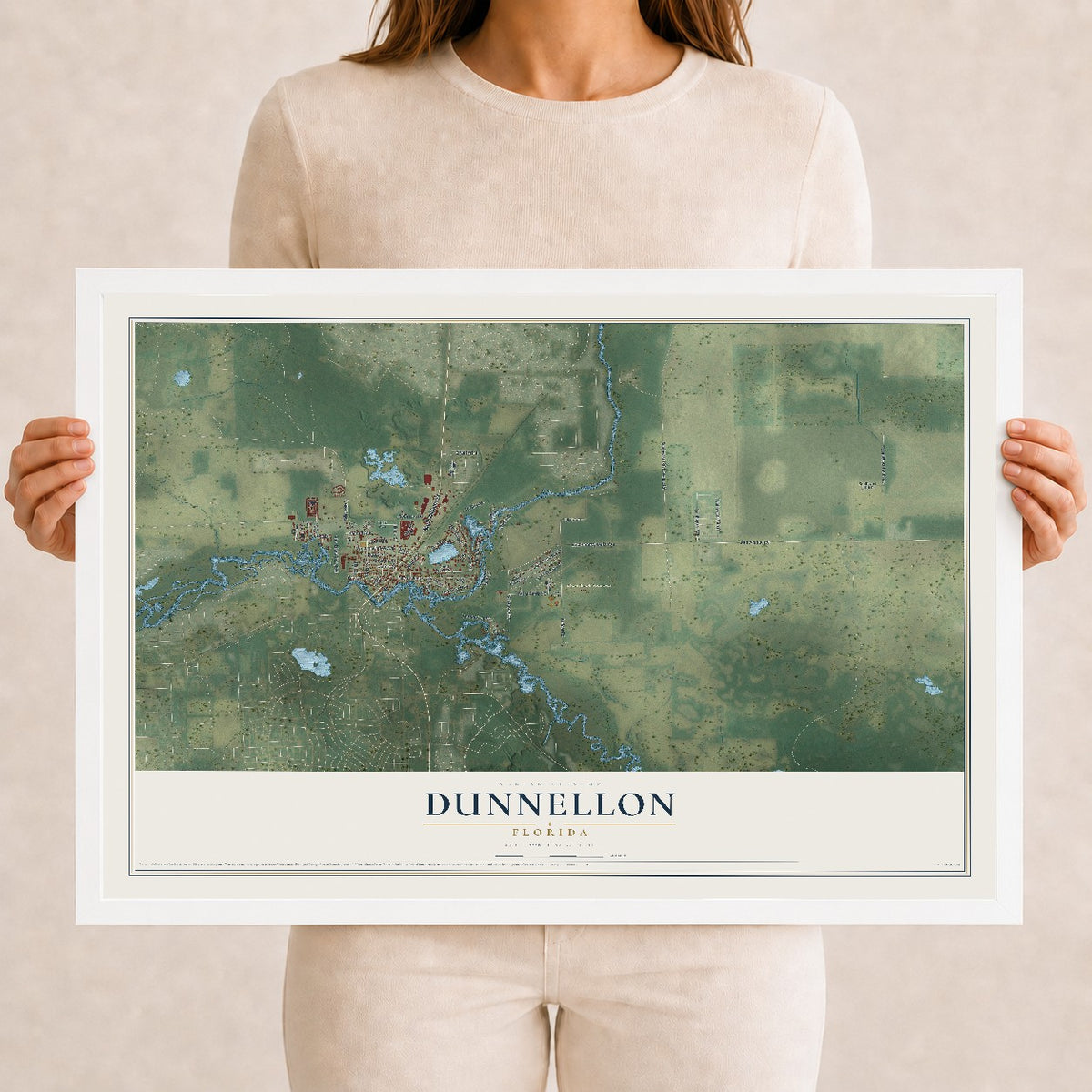 Dunnellon, Florida map print, 12" x 18" W/ White Ayous Wood Frame mockup