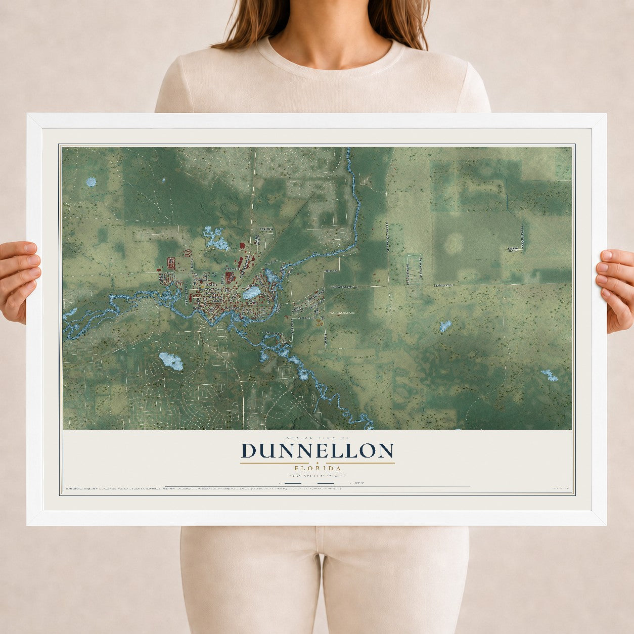 Dunnellon, Florida map print, 18" x 24" W/ White Ayous Wood Frame mockup