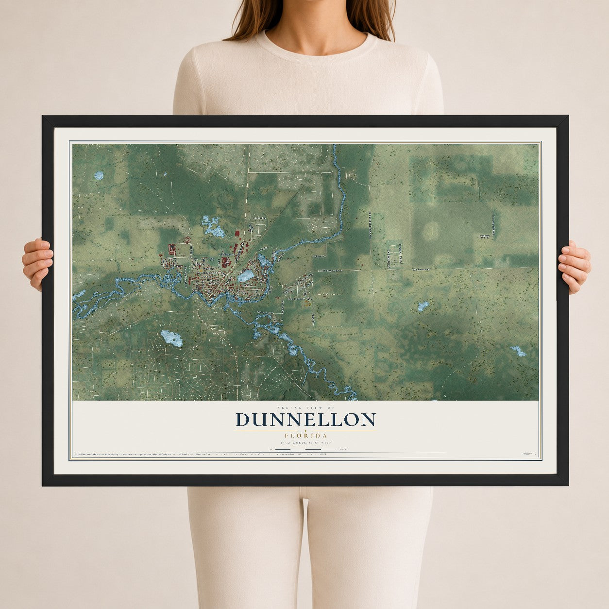 Dunnellon, Florida map print, 24" x 36" W/ Black Ayous Wood Frame mockup