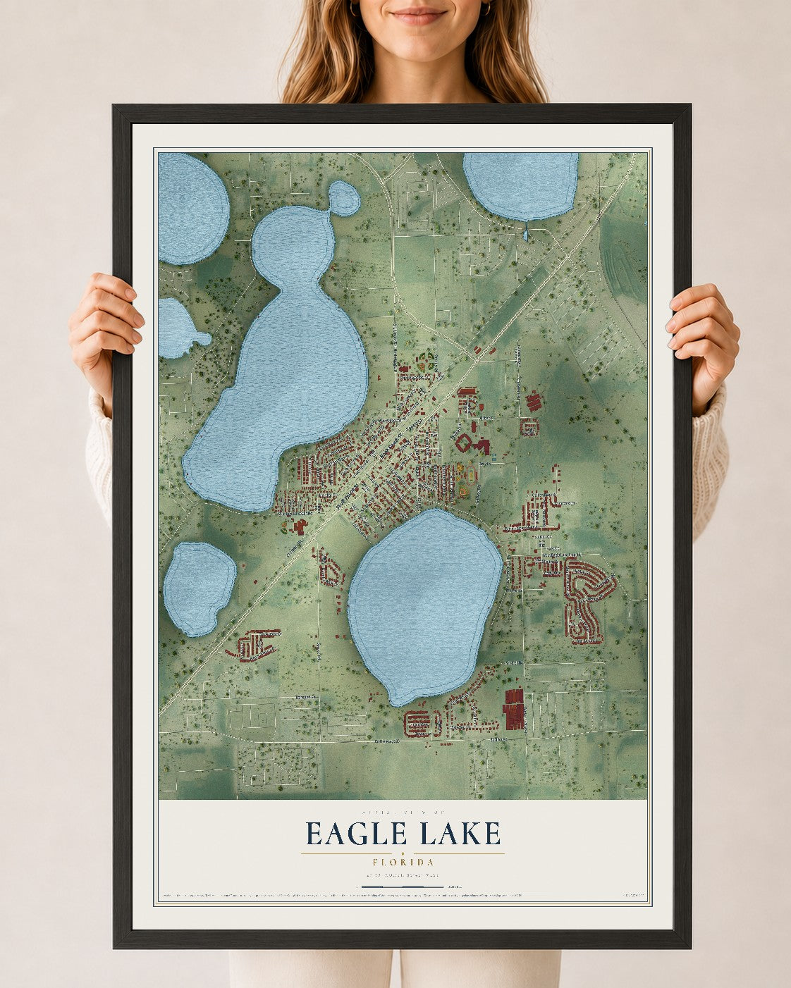 Eagle Lake, Florida map print, 24" x 36" W/ Black Ayous Wood Frame mockup