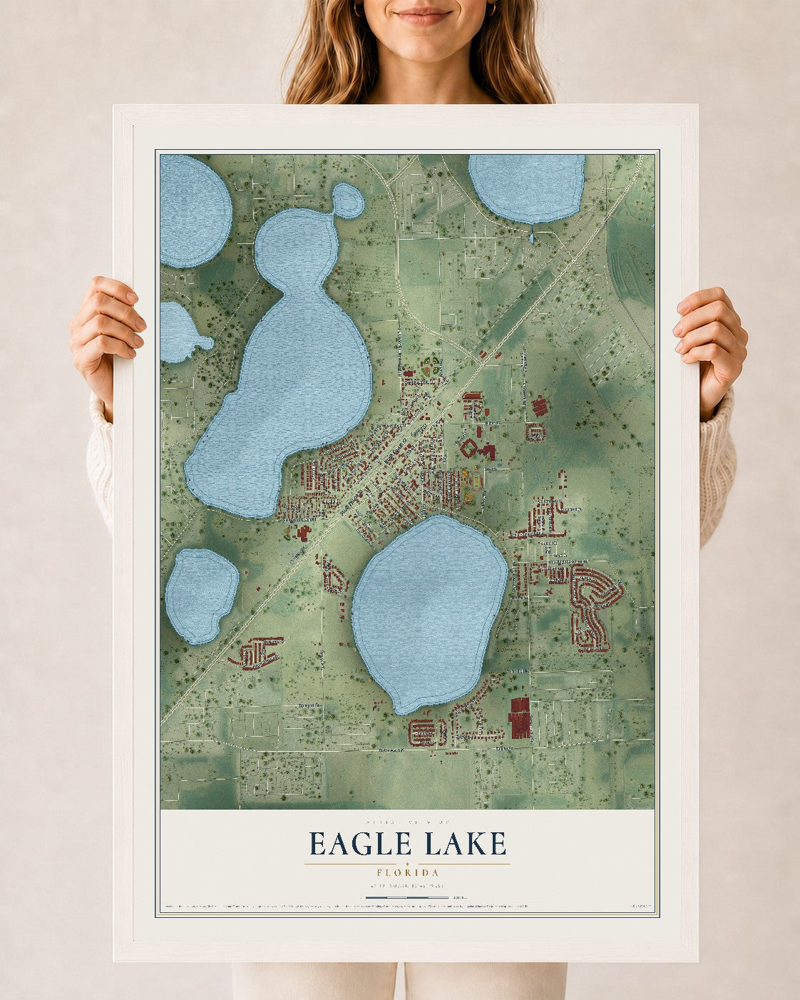 Eagle Lake, Florida map print, 24" x 36" W/ White Ayous Wood Frame mockup