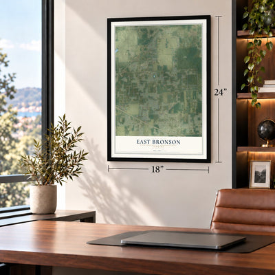 East Bronson, Florida map, 18 x 24 inch print in a black frame in a home office