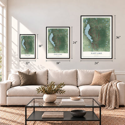 East Lake, Florida map in 12 x 18, 18 x 24 and 24 x 36 inch sizes above a sofa