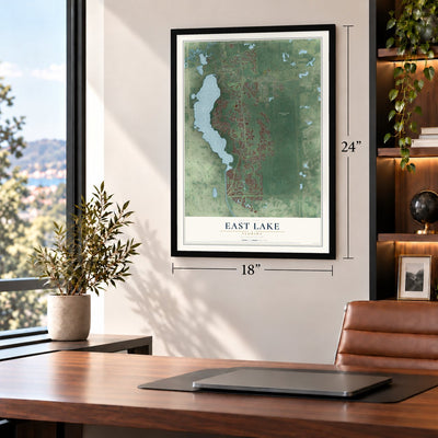 East Lake, Florida map, 18 x 24 inch print in a black frame in a home office