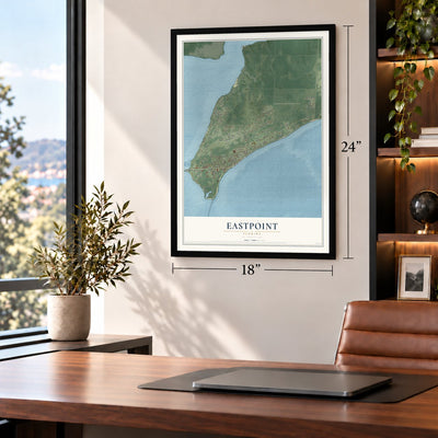 Eastpoint, Florida map, 18 x 24 inch print in a black frame in a home office