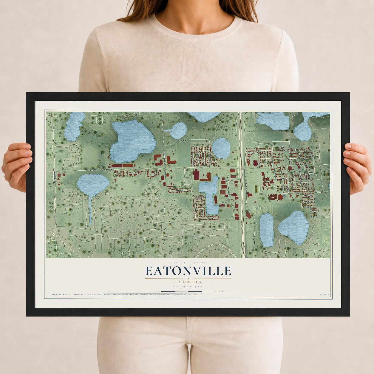Eatonville, Florida map print, 12" x 18" W/ Black Ayous Wood Frame mockup