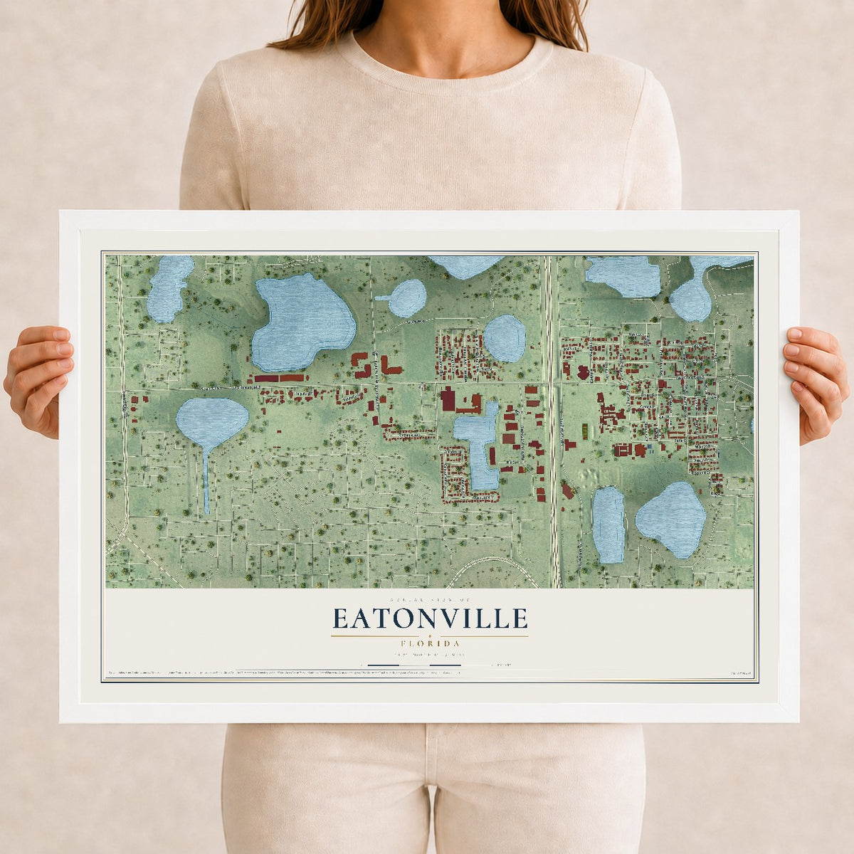 Eatonville, Florida map print, 12" x 18" W/ White Ayous Wood Frame mockup
