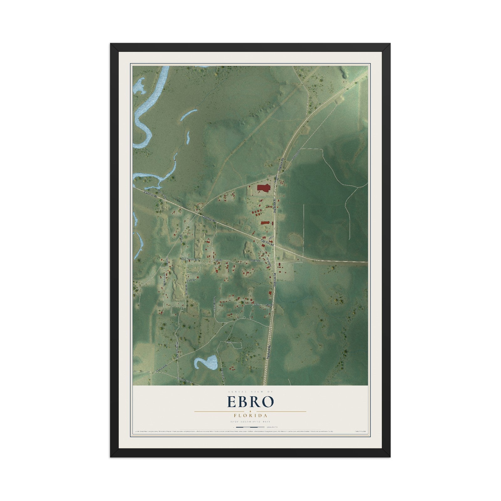 Ebro, Florida map print, 12" x 18" W/ Black Ayous Wood Frame mockup