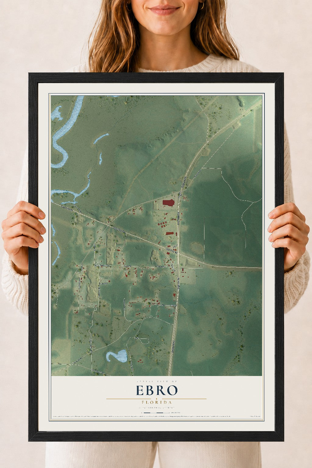 Ebro, Florida map print, 18" x 24" W/ Black Ayous Wood Frame mockup