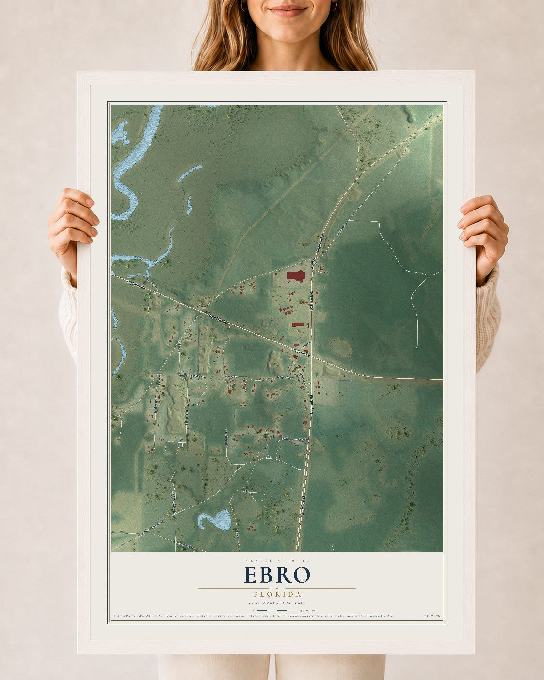 Ebro, Florida map print, 24" x 36" W/ White Ayous Wood Frame mockup