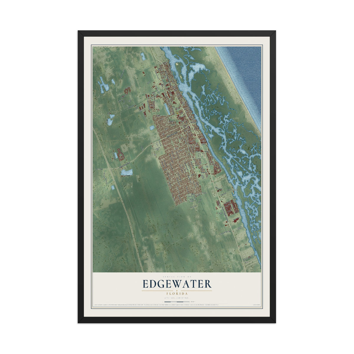 Edgewater, Florida map print, 12" x 18" W/ Black Ayous Wood Frame mockup