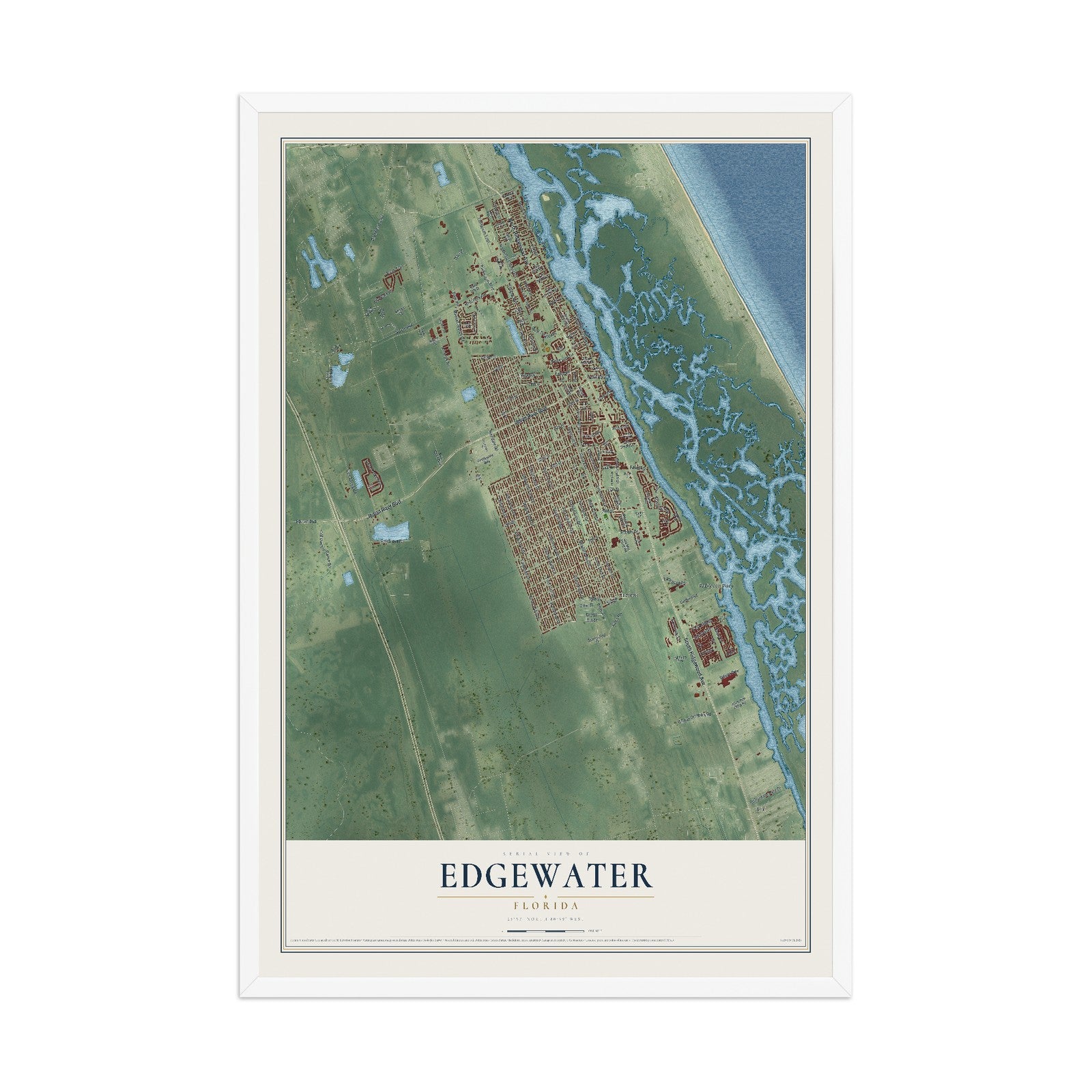 Edgewater, Florida map print, 12" x 18" W/ White Ayous Wood Frame mockup
