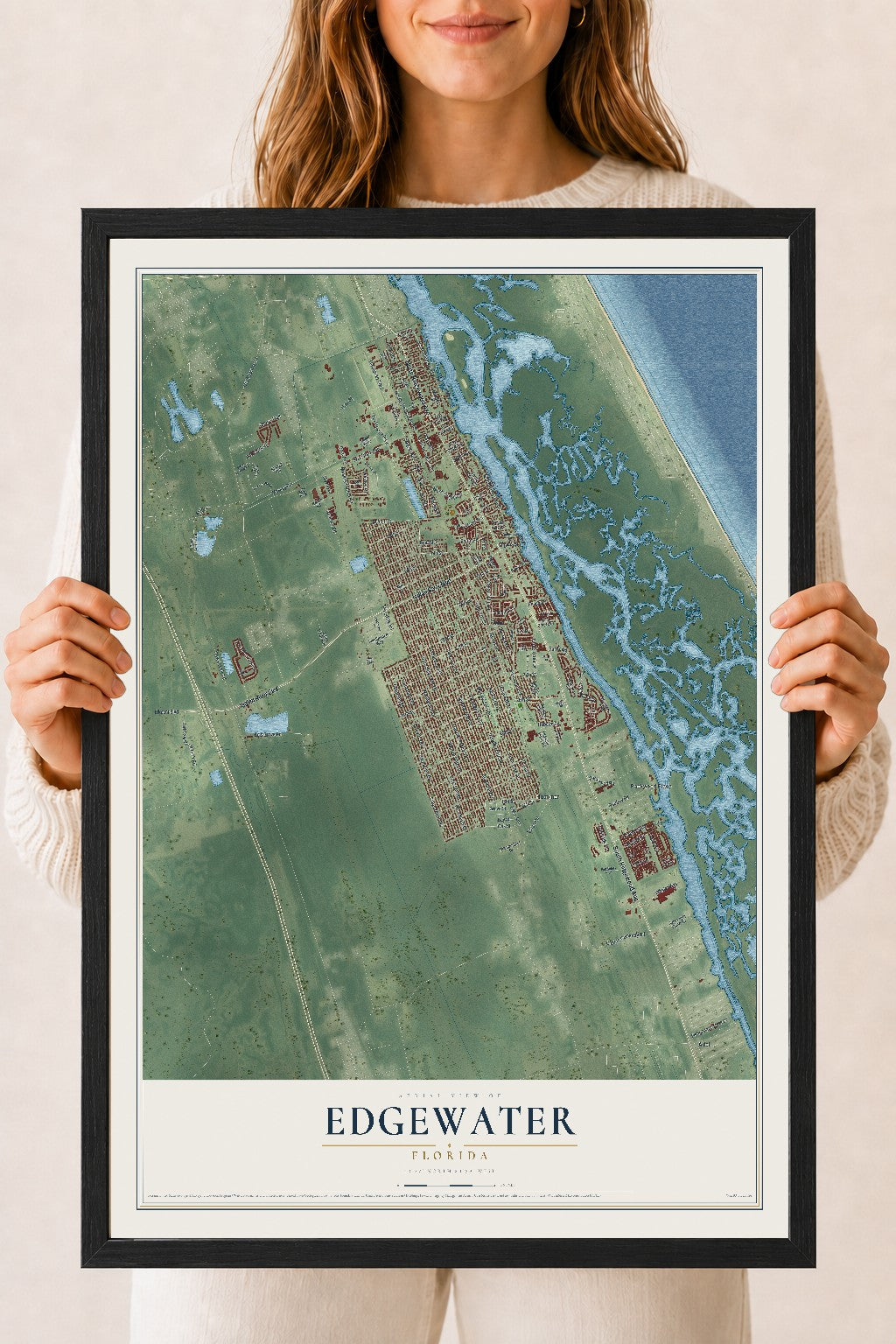 Edgewater, Florida map print, 18" x 24" W/ Black Ayous Wood Frame mockup