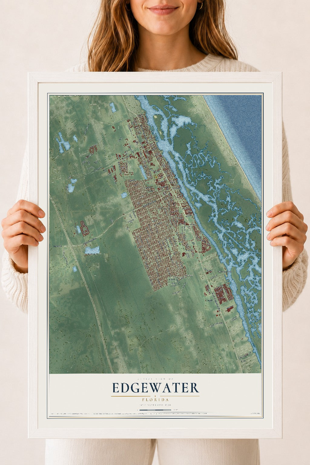 Edgewater, Florida map print, 18" x 24" W/ White Ayous Wood Frame mockup