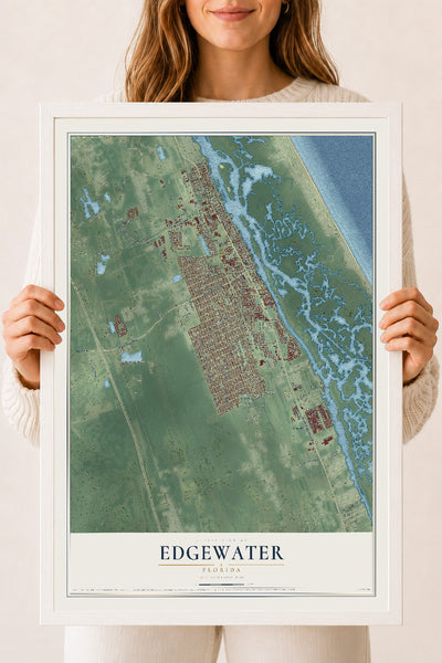 Edgewater, Florida map print, 18" x 24" W/ White Ayous Wood Frame mockup