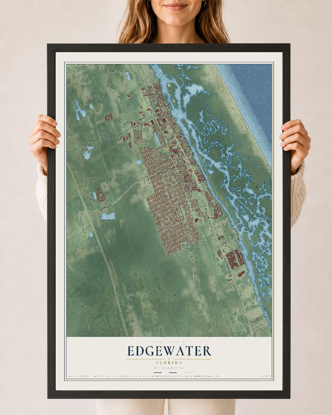 Edgewater, Florida map print, 24" x 36" W/ Black Ayous Wood Frame mockup