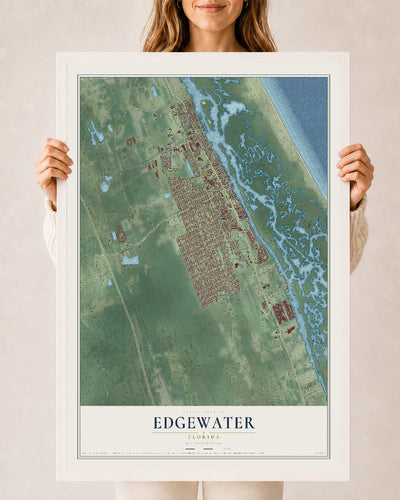 Edgewater, Florida map print, 24" x 36" W/ White Ayous Wood Frame mockup