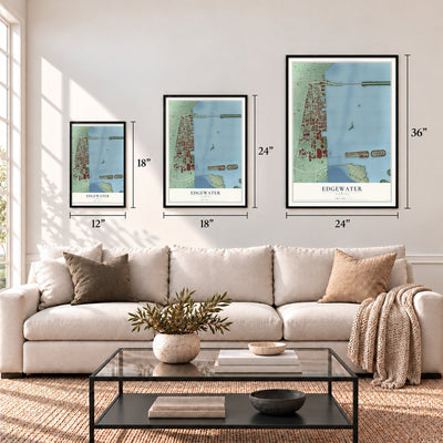 Edgewater, Miami, Florida map in 12 x 18, 18 x 24 and 24 x 36 inch sizes above a sofa