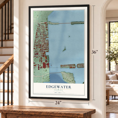 Edgewater, Miami, Florida map, 24 x 36 inch print in a black frame by a staircase