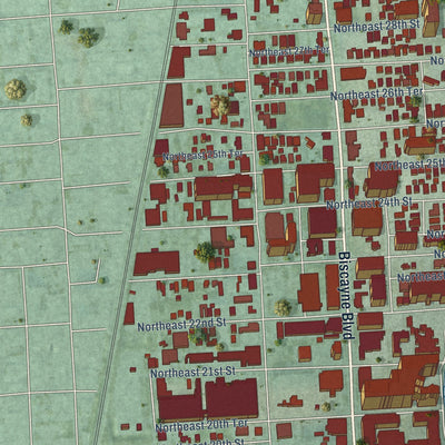 Close-up of the map of Edgewater, Miami, Florida print showing street and building detail