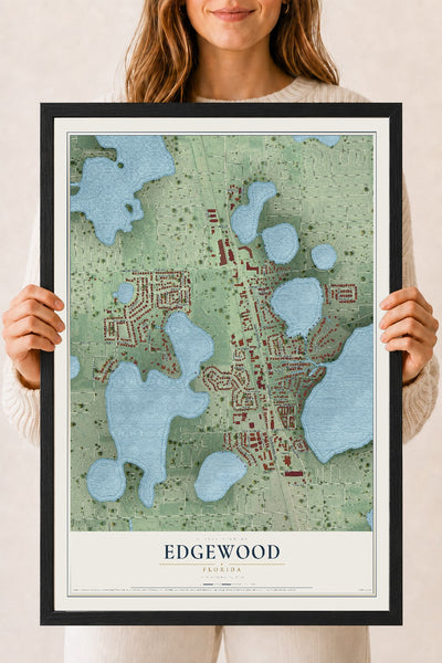 Edgewood, Florida map print, 18" x 24" W/ Black Ayous Wood Frame mockup