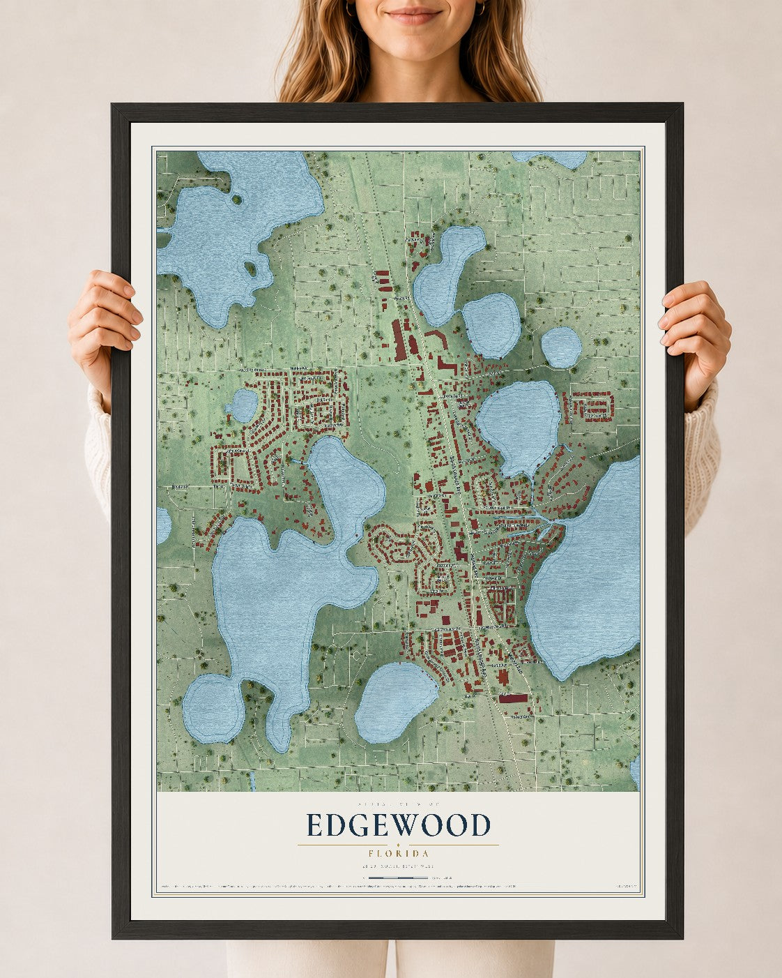 Edgewood, Florida map print, 24" x 36" W/ Black Ayous Wood Frame mockup