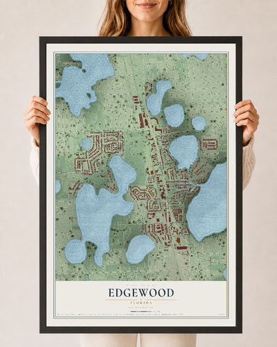 Edgewood, Florida map print, 24" x 36" W/ Black Ayous Wood Frame mockup