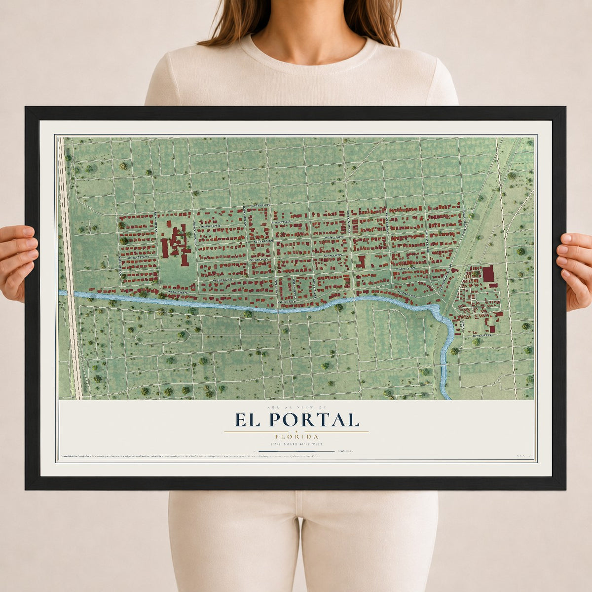 El Portal, Florida map print, 18" x 24" W/ Black Ayous Wood Frame mockup
