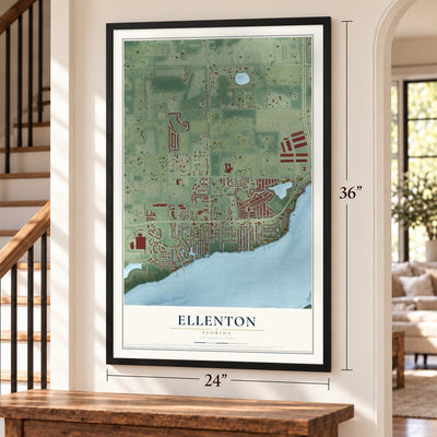 Ellenton, Florida map, 24 x 36 inch print in a black frame by a staircase