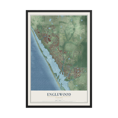 Englewood, Florida map print, 12" x 18" W/ Black Ayous Wood Frame mockup