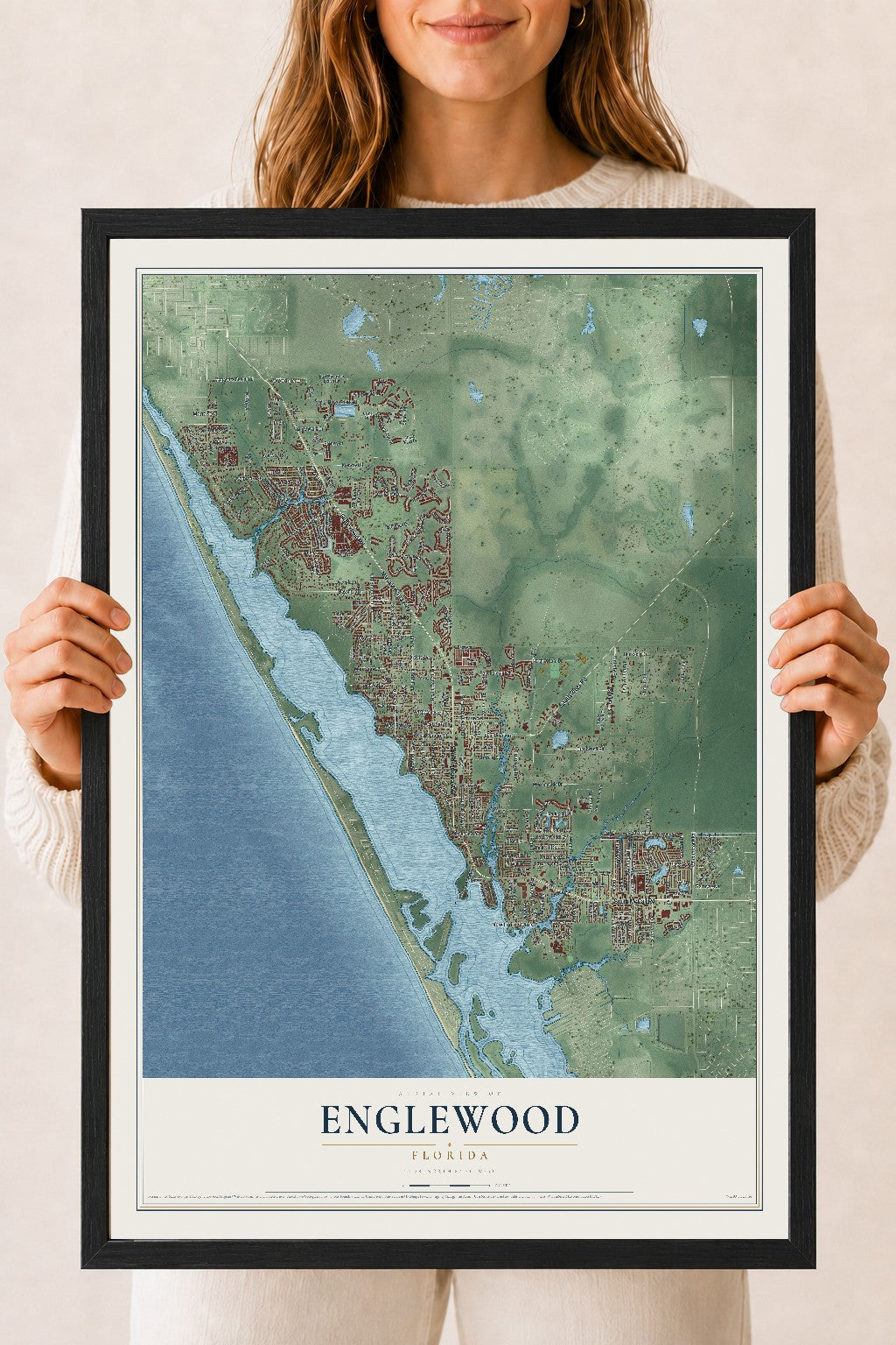 Englewood, Florida map print, 18" x 24" W/ Black Ayous Wood Frame mockup