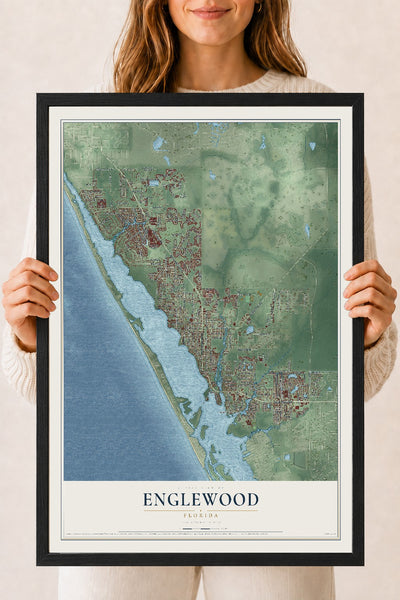 Englewood, Florida map print, 18" x 24" W/ Black Ayous Wood Frame mockup