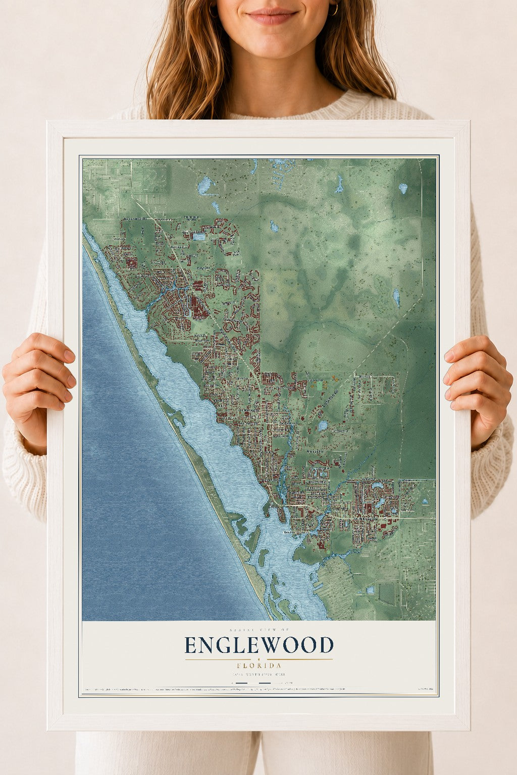 Englewood, Florida map print, 18" x 24" W/ White Ayous Wood Frame mockup