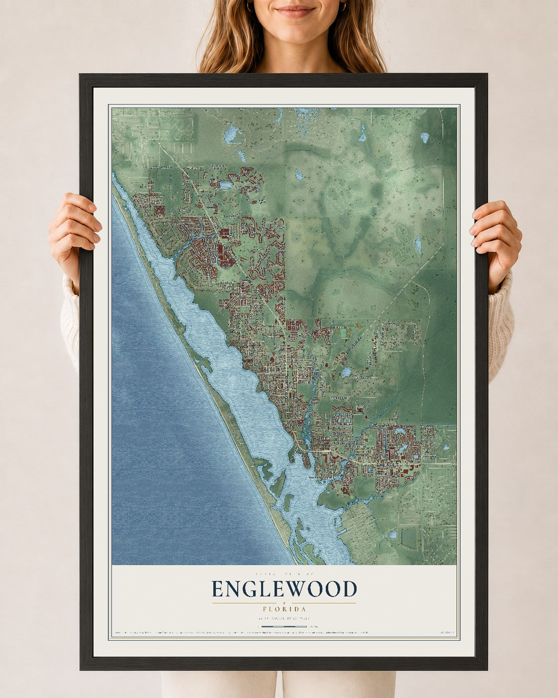 Englewood, Florida map print, 24" x 36" W/ Black Ayous Wood Frame mockup
