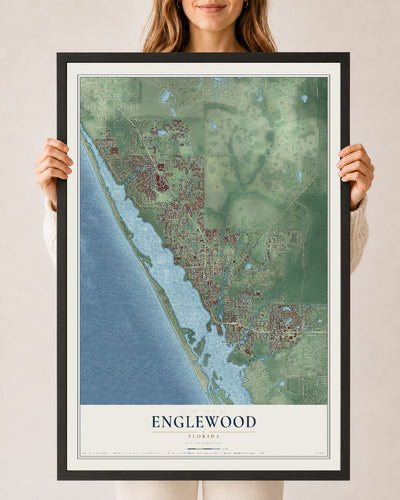 Englewood, Florida map print, 24" x 36" W/ Black Ayous Wood Frame mockup