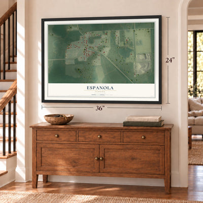 Espanola, Florida map, 24 x 36 inch print in a black frame above a dresser by a staircase