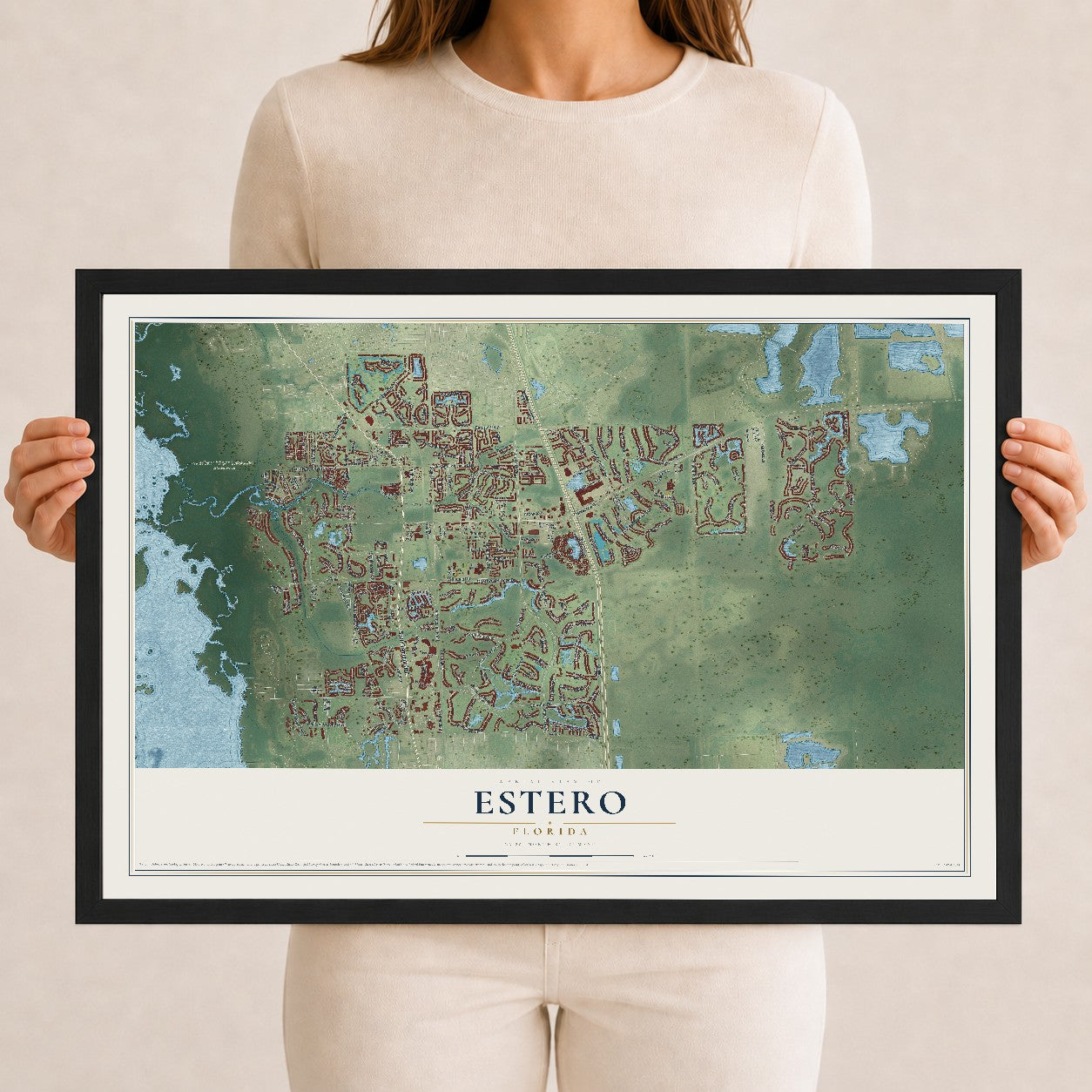Estero, Florida map print, 12" x 18" W/ Black Ayous Wood Frame mockup