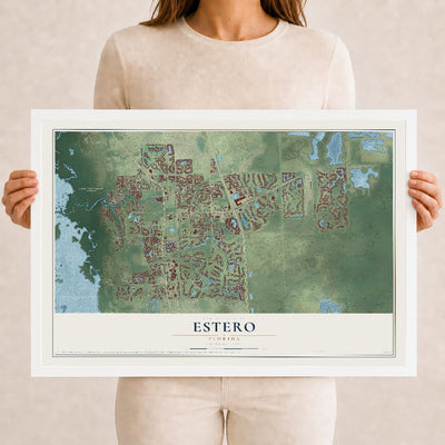 Estero, Florida map print, 12" x 18" W/ White Ayous Wood Frame mockup