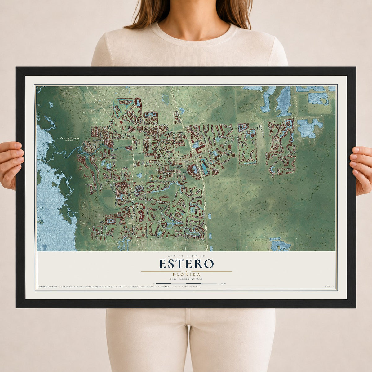 Estero, Florida map print, 18" x 24" W/ Black Ayous Wood Frame mockup