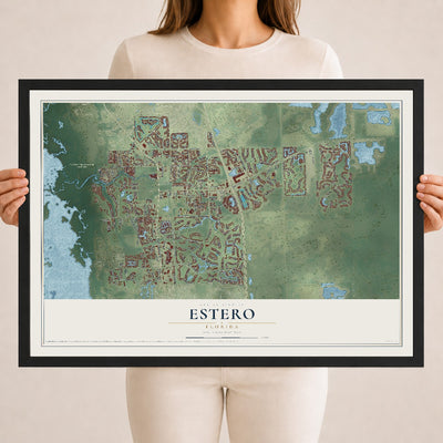 Estero, Florida map print, 18" x 24" W/ Black Ayous Wood Frame mockup