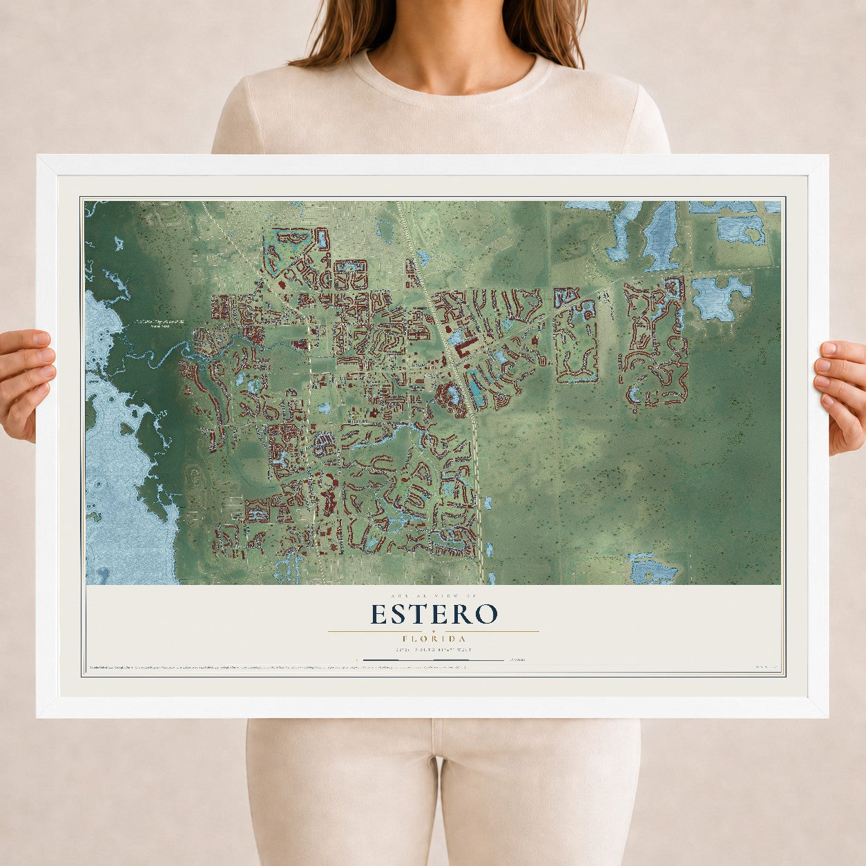 Estero, Florida map print, 18" x 24" W/ White Ayous Wood Frame mockup