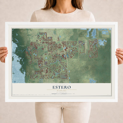 Estero, Florida map print, 18" x 24" W/ White Ayous Wood Frame mockup
