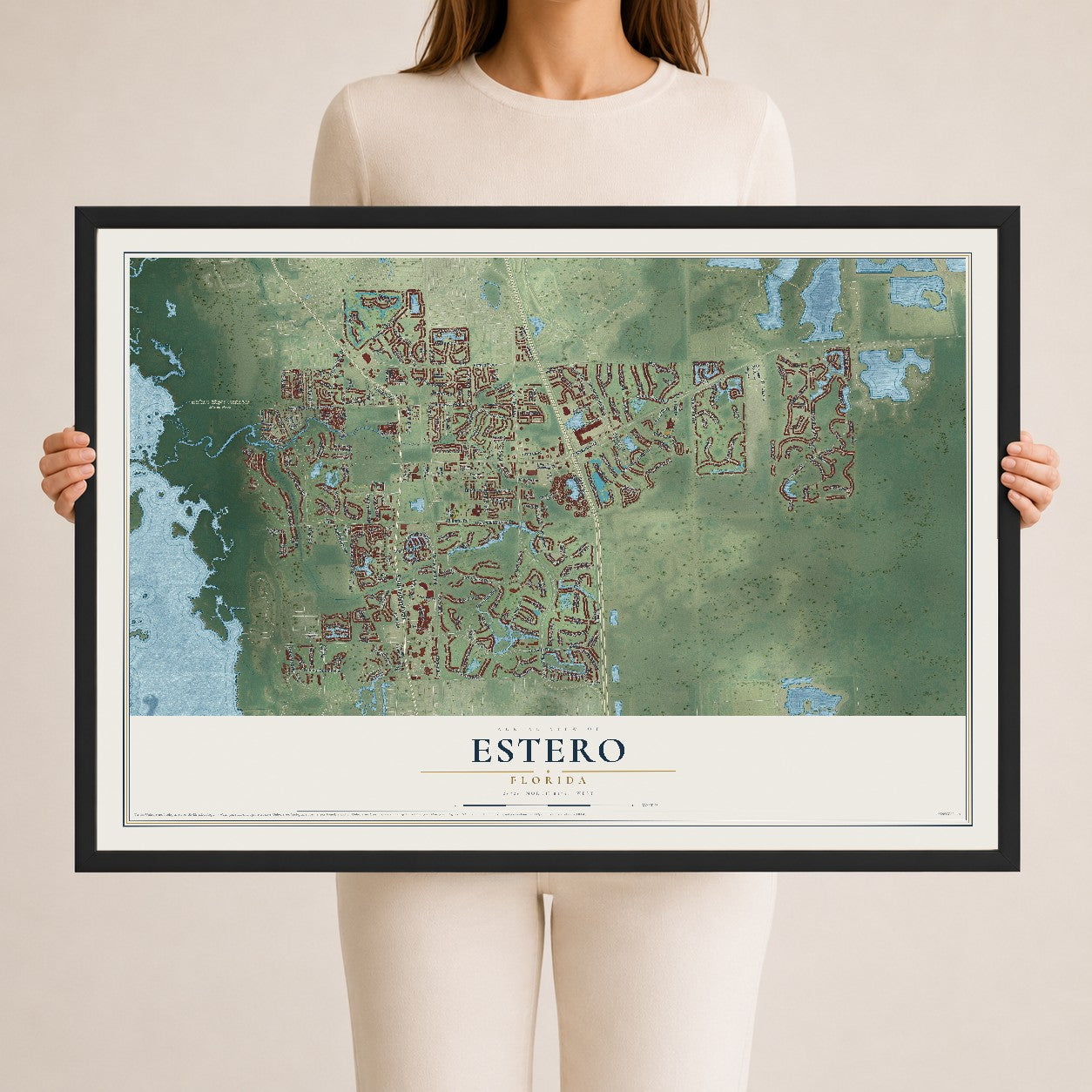 Estero, Florida map print, 24" x 36" W/ Black Ayous Wood Frame mockup