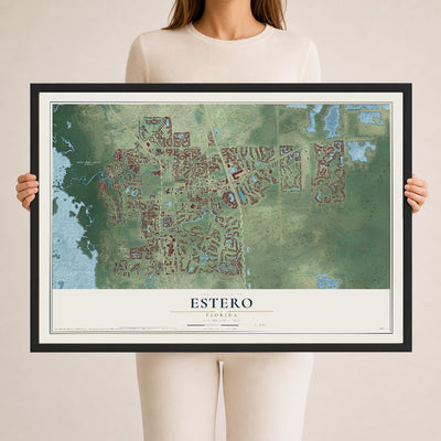 Estero, Florida map print, 24" x 36" W/ Black Ayous Wood Frame mockup