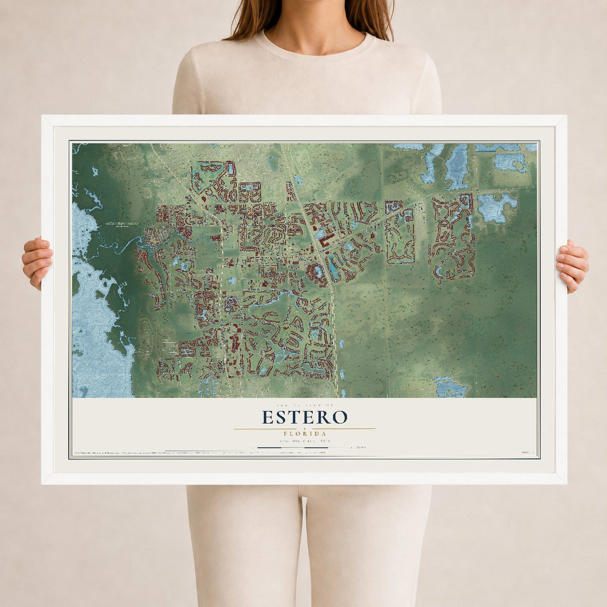 Estero, Florida map print, 24" x 36" W/ White Ayous Wood Frame mockup