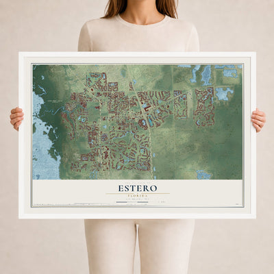 Estero, Florida map print, 24" x 36" W/ White Ayous Wood Frame mockup