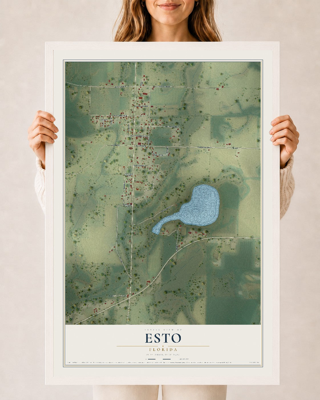 Esto, Florida map print, 24" x 36" W/ White Ayous Wood Frame mockup