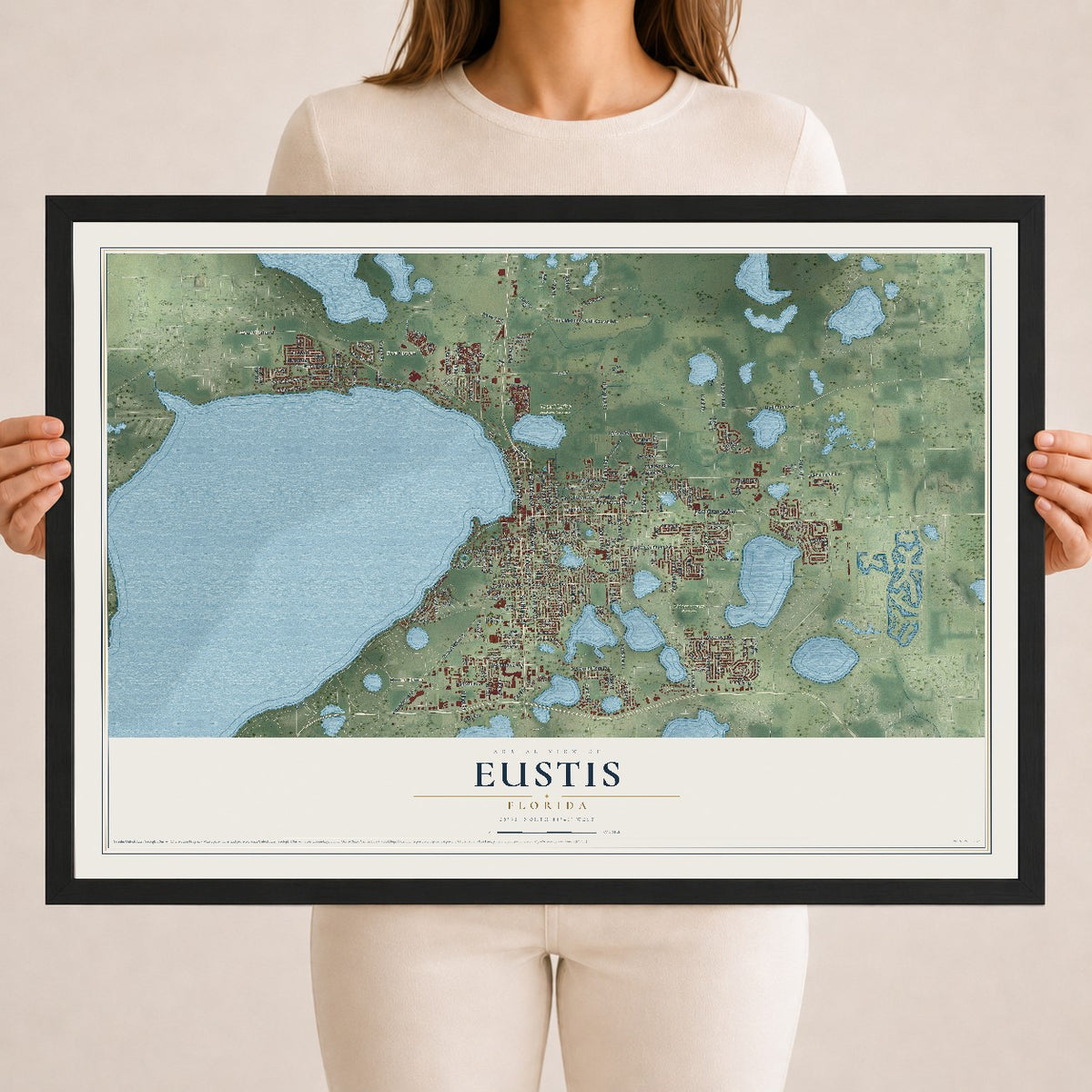 Eustis, Florida map print, 18" x 24" W/ Black Ayous Wood Frame mockup