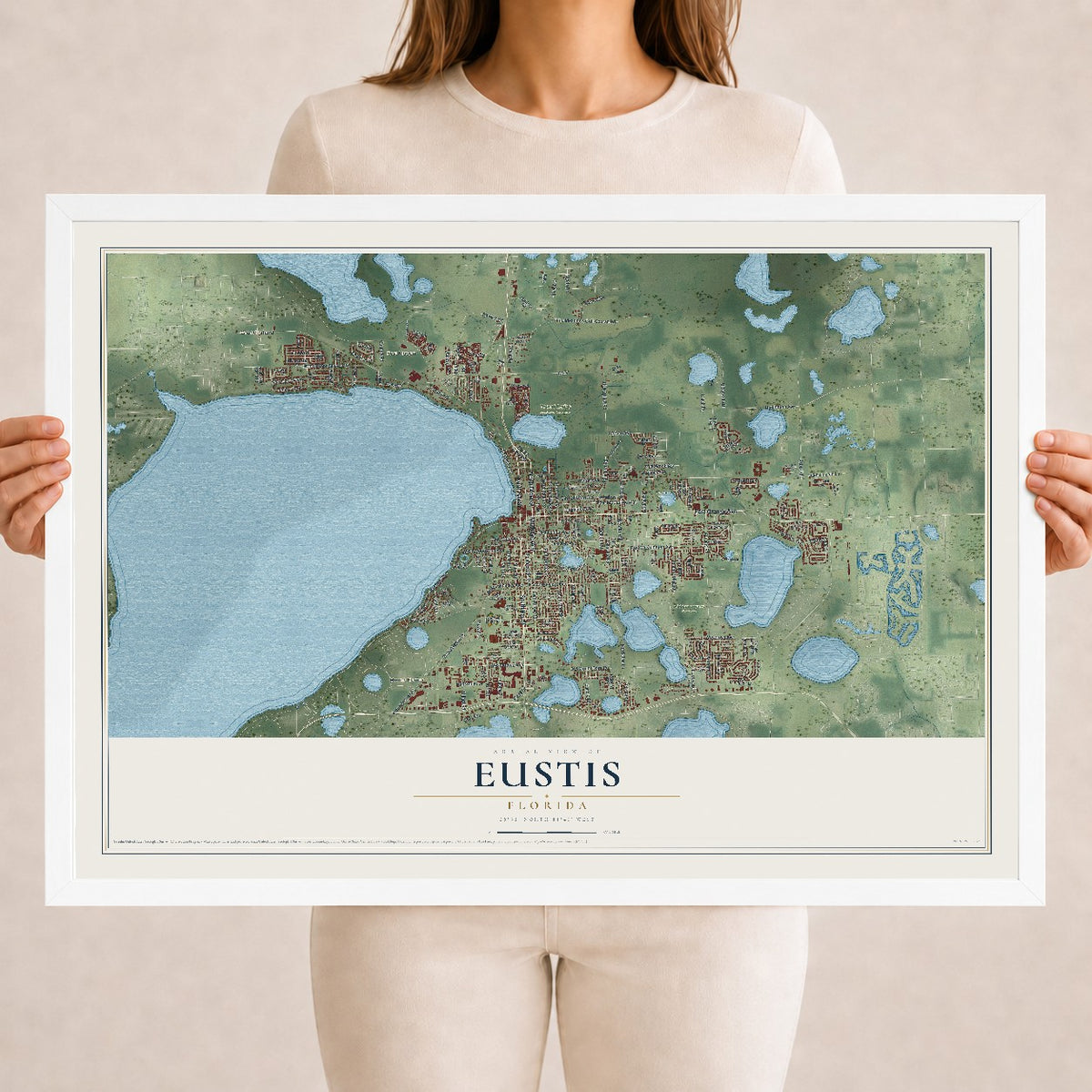 Eustis, Florida map print, 18" x 24" W/ White Ayous Wood Frame mockup